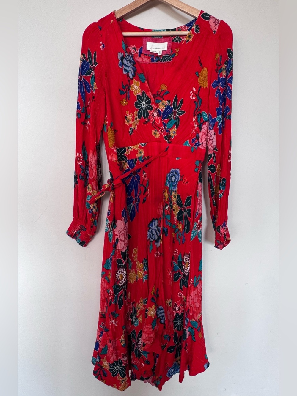 Anthropologie Red Floral Long-Sleeve Wrap Dress